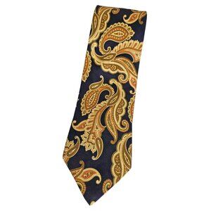 ALAN GREEN Men's 100% Silk Necktie LUXURY Tie Navy Gold Paisley W:3.7" EUC